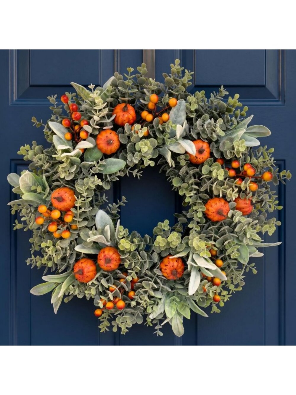 20-22” Fall Eucalyptus Wreath with Pumpkin - Rustic Farmhouse Door Decor